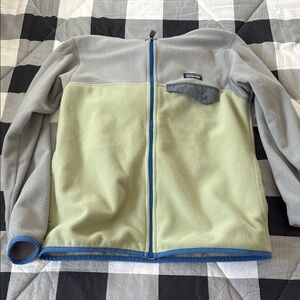 Patagonia Gray and Green Fleece Jacket with Blue Trim